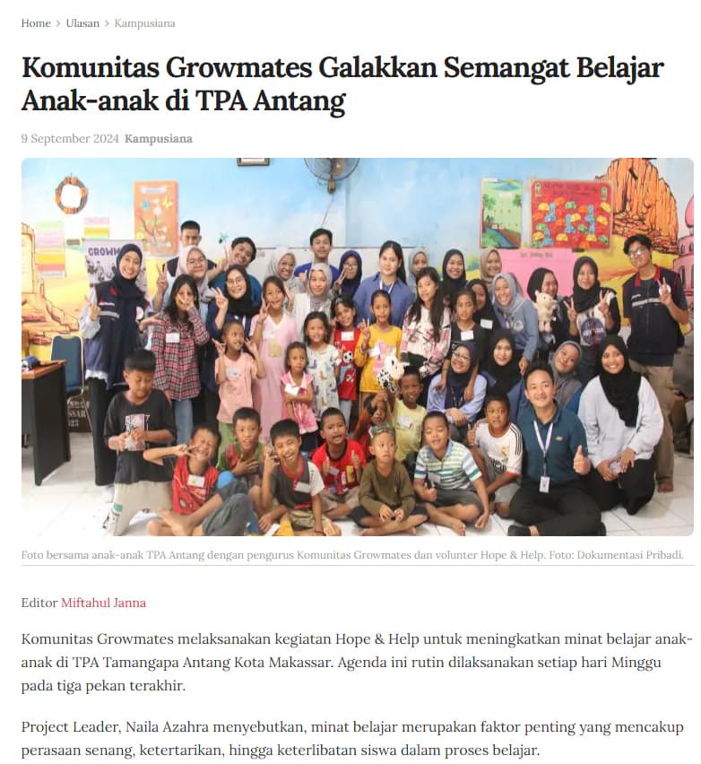 Komunitas Growmates Galakkan Semangat Belajar Anak-anak di TPA Antang