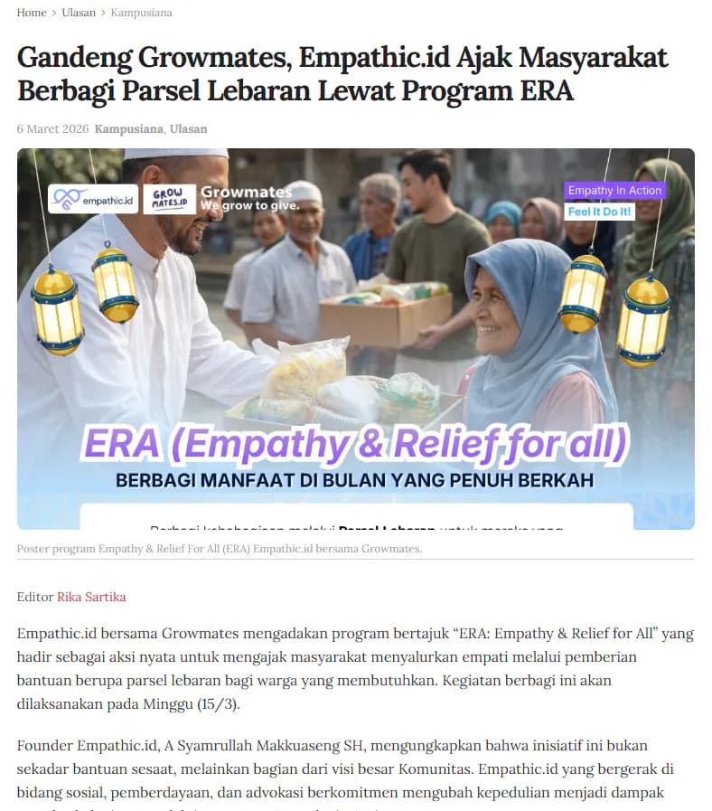 Gandeng Growmates, Empathic.id Ajak Masyarakat Berbagi Parsel Lebaran Lewat Program ERA